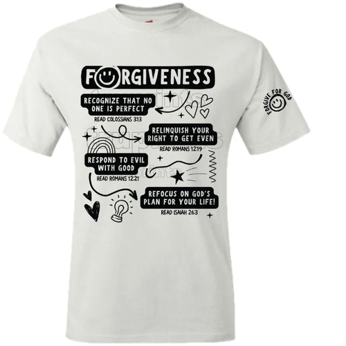 White Forgiveness Tee with scripture references on forgiveness