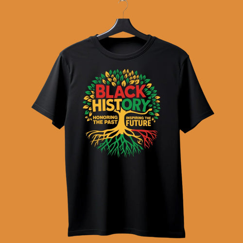 Black History Tree shirt with bold tree design and red, green, yellow accents for cultural pride.