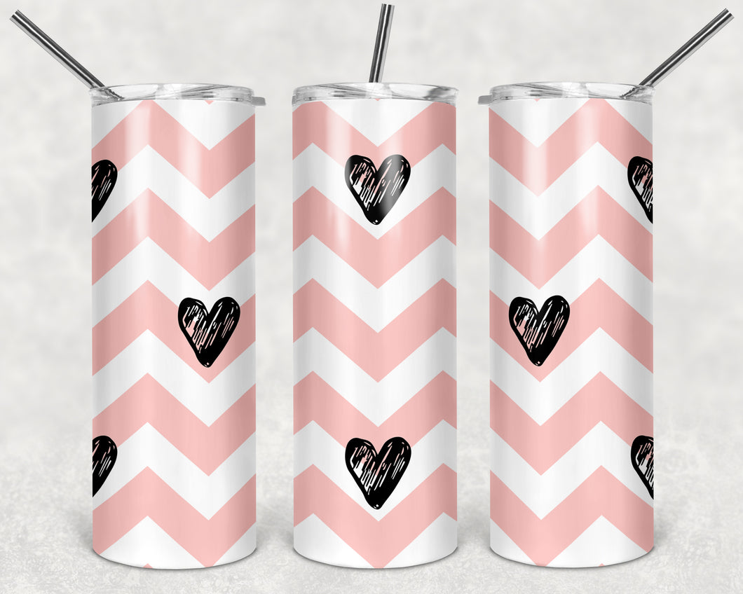 Black Hearts with Pale Pink Stripes Valentine's Day  Stainless Steel Tumbler with Straw and Lid